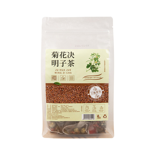 Chrysanthemum Goji Berry Cassia Seed Tea, honeysuckle tea, burdock root osmanthus tea, night owl transparent bag packaging, triangle bag.