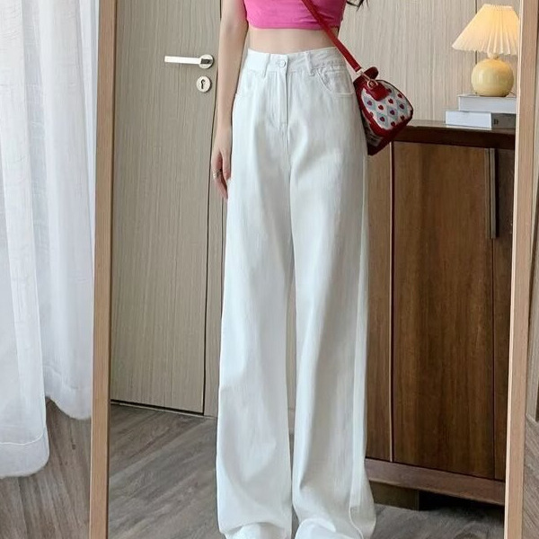 2026 Summer New Textured Bamboo Design Jeans for Women, Trendy Brand, Drapey White High-End Casual Pants