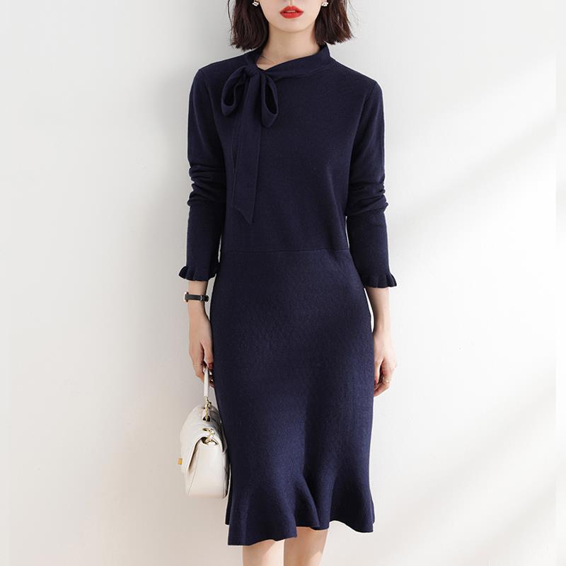 Elegant Women's Mid-length fishtail skirt for women 2020 autumn and winter New bow solid color wool knitted dress
