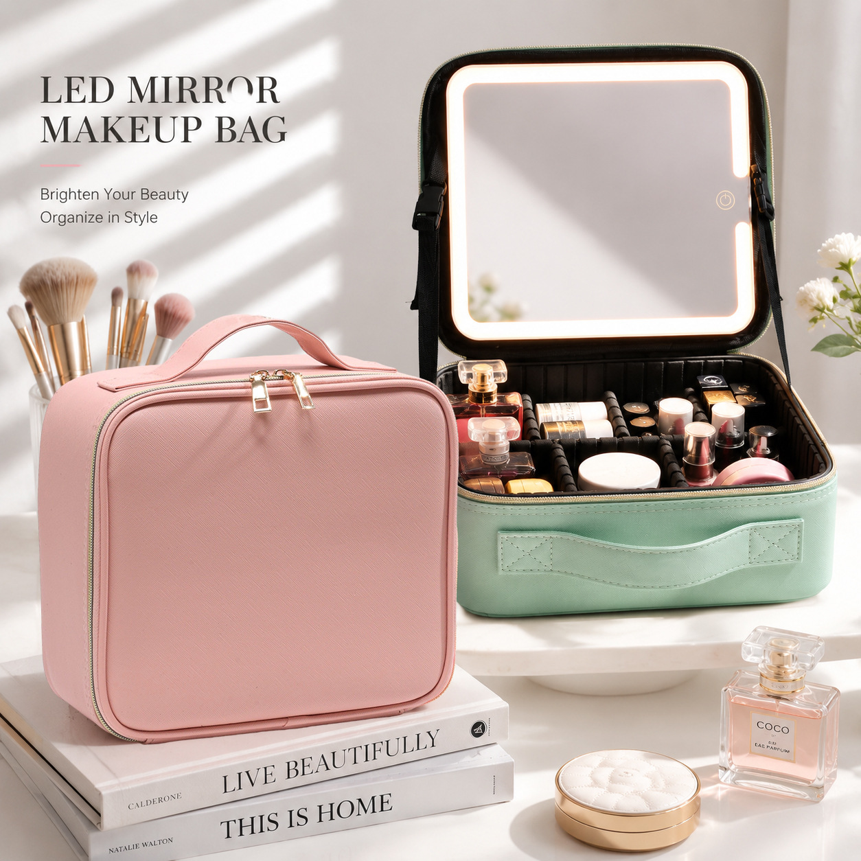 Lámpara LED transfronteriza espejo de maquillaje bolsa de cosméticos de alto valor caja de cosméticos multifuncional de gran capacidad portátil bolsa de almacenamiento portátil