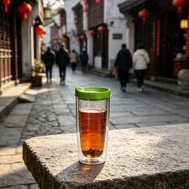 网红家用款双层塑料咖啡杯透明螺纹内胆吸管杯学生成人办公家用饮