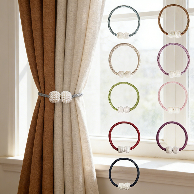 A Pair of Magnetic Pearl Curtain Tiebacks, No-Drill Curtain Straps, Bed Curtain Organizer, Decorative Curtain Tiebacks