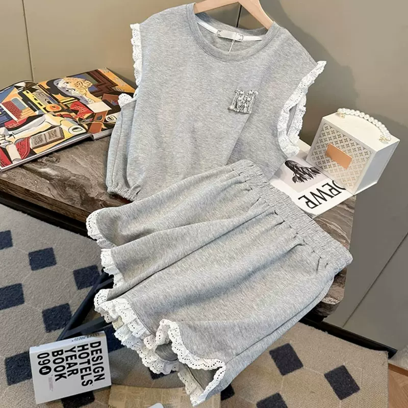 蕾丝花边运动服风时尚套装女2025夏季新款小个子短裤两件套