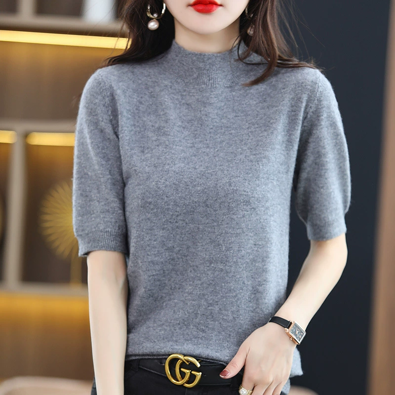 Весенний и летний шерстяной свитер средний рукав женский полувысокий воротник нижний свитер свободный короткий свитер