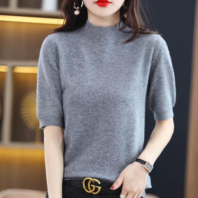 Spring, Summer, and Autumn Half-High Collar Pullover Base Shirt, Loose Short Style Inner Sweater, Five-Quarter Sleeve Knit Top, Mid-Sleeve Women's Sweater