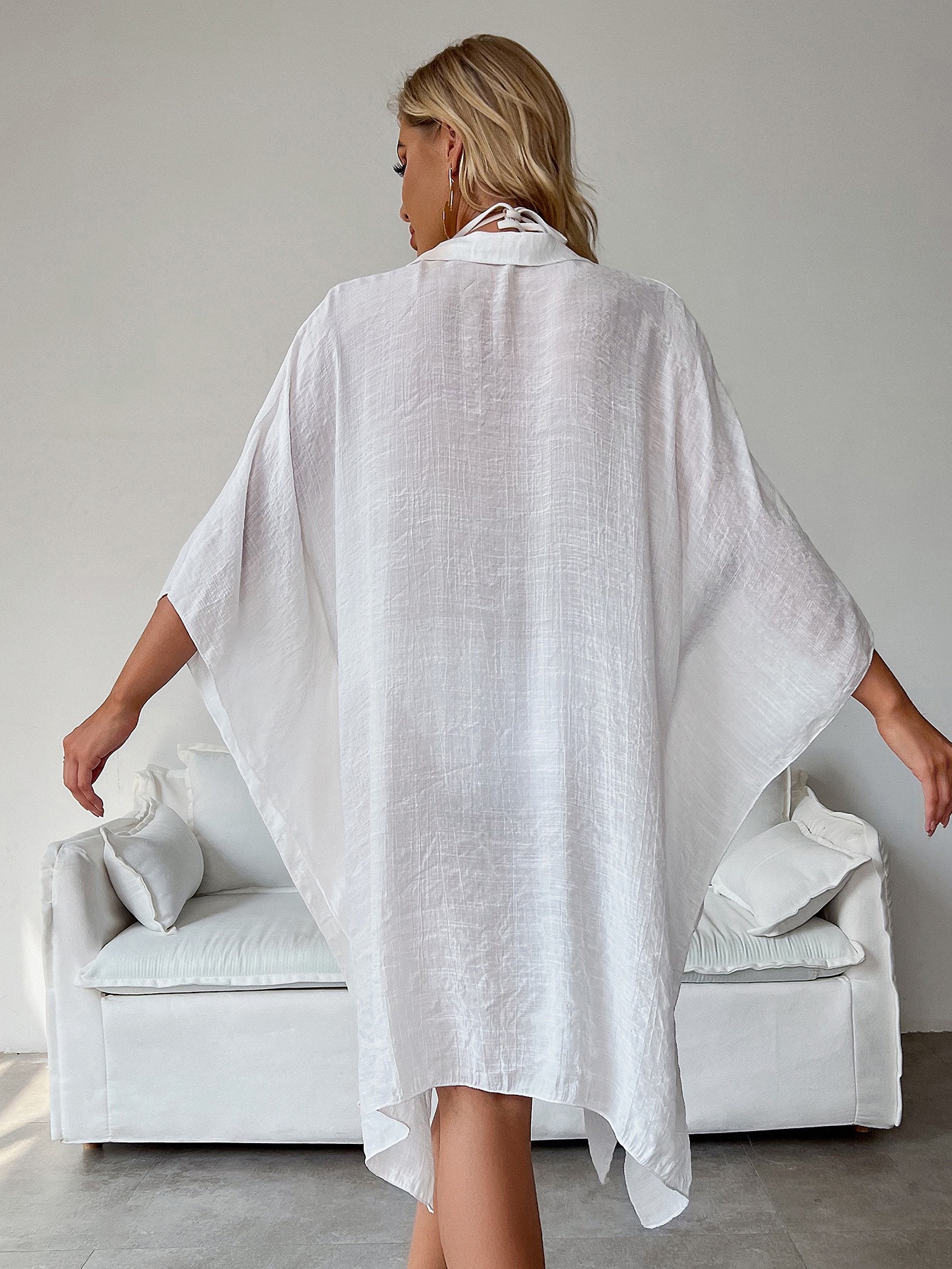 Lightweight Long Sleeve Beach Cover-Up Sun Protection Shirt For Women, Loose Fit Tie-Front Cardigan, Summer Vacation Outfit_ecoleips.com