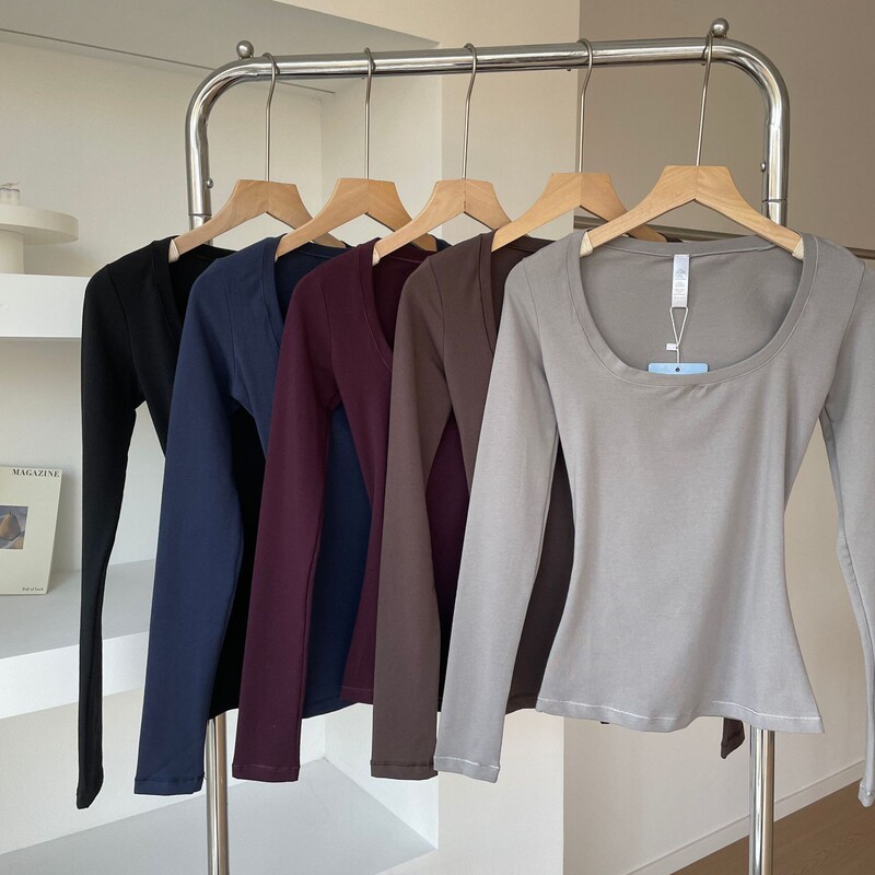 2026 Spring New Style Skims Slim Fit Large U-Neck Base Shirt Long-Sleeve T-Shirt Women's Bm Solid Color Slim Top 2026 Spring New Style Skims Slim Fit Large U-Neck Base Shirt Long-Sleeve T-Shirt Women's Bm Solid Color Slim Top