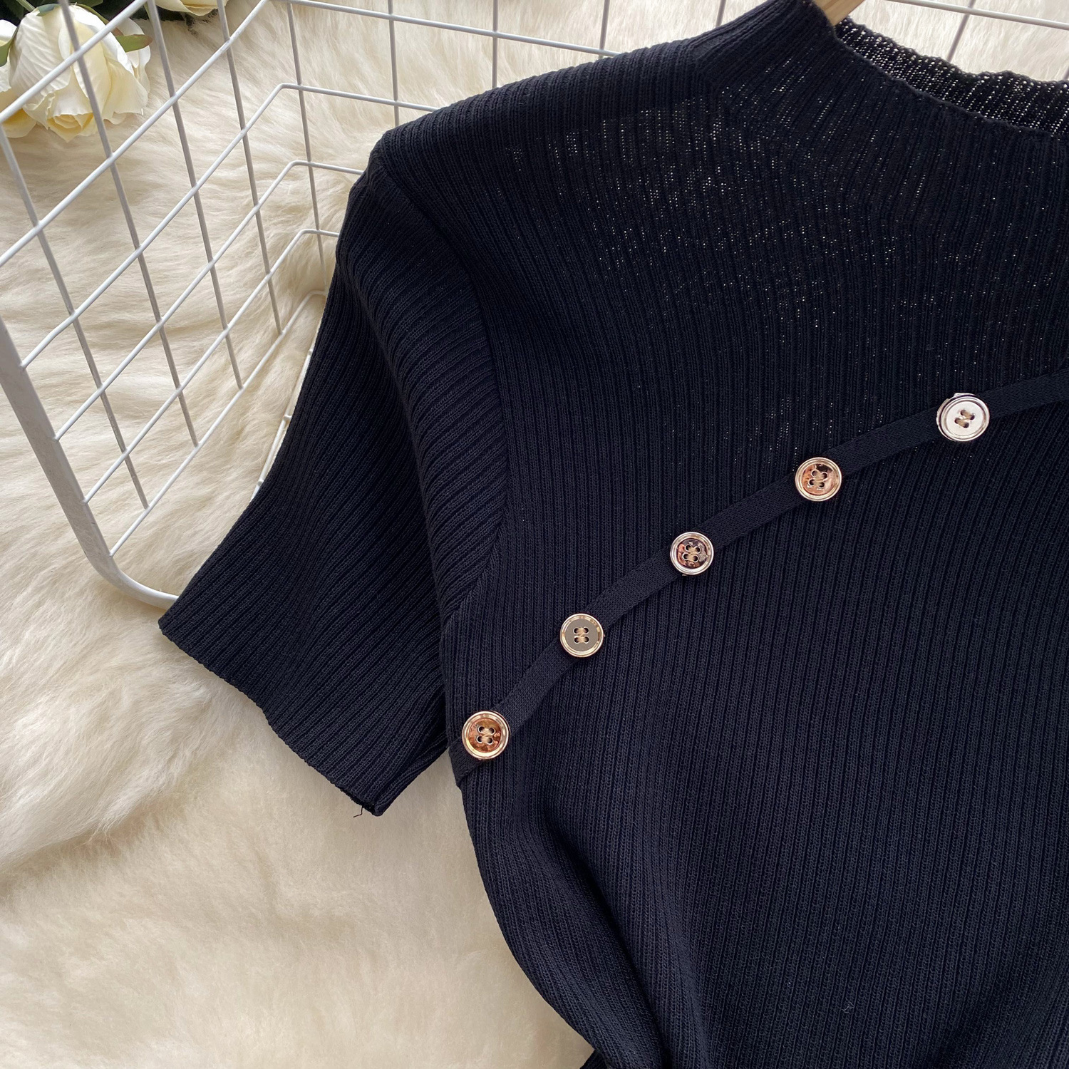 Women's Clothing Elegant High Neck Short Sleeved Women's Knit Dress Button Down Design Slimming Waistline Slit For Stylish Occasions_ecoleips.com