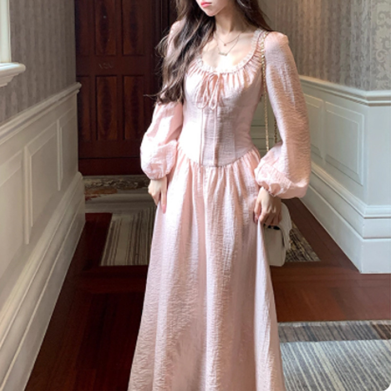 蜜桃奶冻/粉色u领长袖收腰a字连衣裙女秋法式气质显瘦裙子长裙潮|undefined