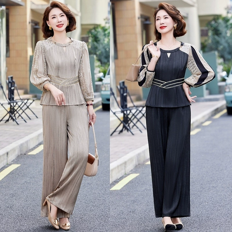 Весенне-осенний повседневный костюм для мамы среднего возраста, осень 2025, новый весенне-осенний повседневный комплект из двух предметов с принтом для женщин среднего и пожилого возраста