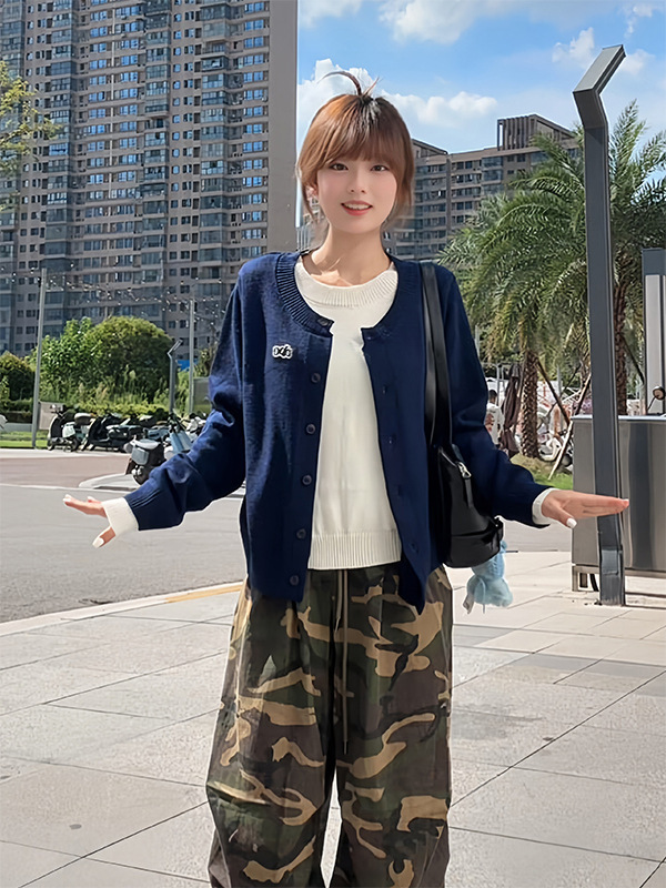 韩系撞色拼接假两件针织开衫女早秋宽松休闲百搭短款长袖毛衣外套|undefined