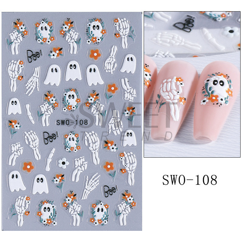 Nuevas pegatinas de uñas de Halloween al por mayor en relieve pájaro carpintero tridimensional rosa oscura calavera pegatinas de uñas transfronterizo