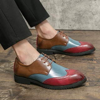 shoes跨境秋季拼色大码英伦皮鞋男士低帮系带商务绅士Genuine Lea