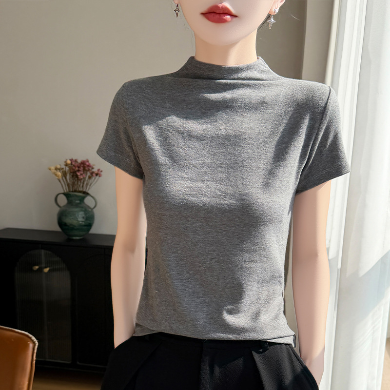 Summer body-friendly thin elegant T-shirt, Korean style, high collar, suitable for spring and autumn