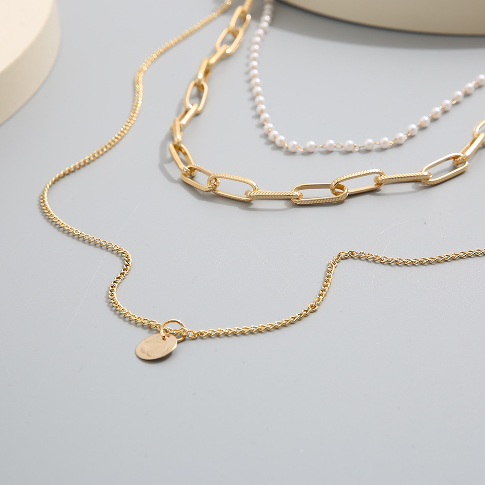 Fashion Geometric Imitation Pearl Alloy Layered Plating Necklace