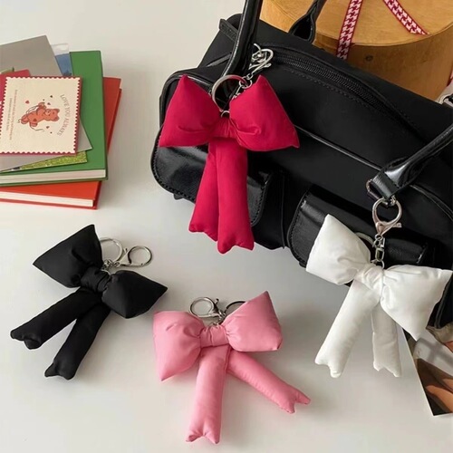 Korean Dongdaemun Super Hot Minimalist Bow Bag Charm Keychain Pure Color Cotton Fabric Accessory Instagram Style