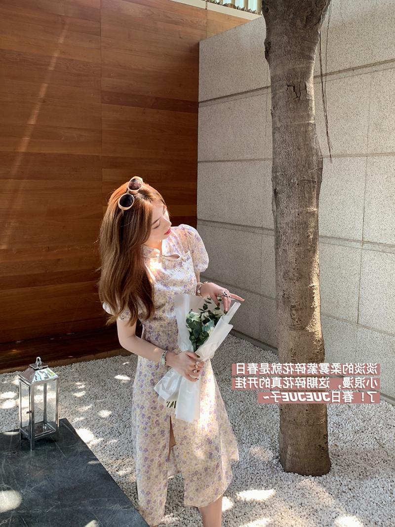 帮手主图-夏诗文 民国风高腰开叉改良旗袍裙女春泡泡袖复古碎花