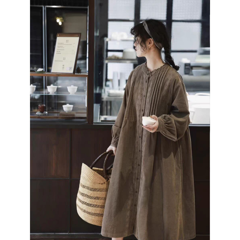 Japanese-Style Women's Doll Dress, Mori-Style Corduroy Dress, Artistic Retro Mori Girl Style Lace Pleated Autumn Dress