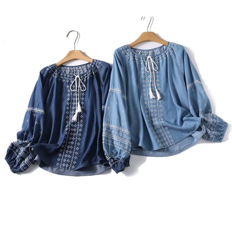 A122 Western-Style Embroidered Lace-Up Tencel Denim Long-Sleeved Shirt for Women 2026 Spring and Summer New Loose Pullover Top
