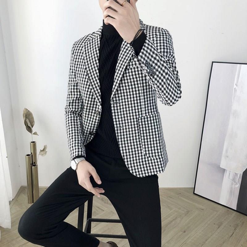Trendy New Slim-Fit Men's Jacket Small Suit Hairstylist Slim Versatile Korean-Style Small Plaid Suit Casual Wear
