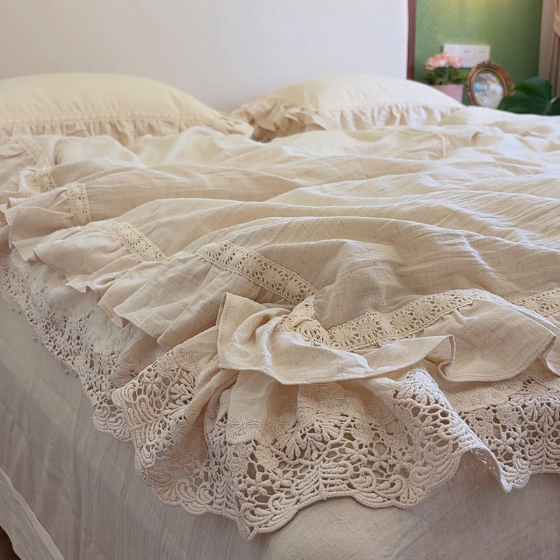 French-Style Cotton and Linen Bedding Four-Piece Set, High-End Duvet Cover, Bed Sheet, Fitted Sheet, Pure Cotton Lace Large Lace Bedding Set French-Style Cotton and Linen Bedding Four-Piece Set, High-End Duvet Cover, Bed Sheet, Fitted Sheet, Pure Cotton Lace Large Lace Bedding Set
