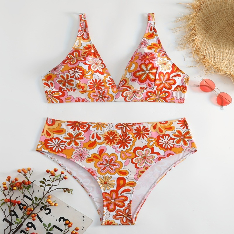 Bikini de talla grande europeo y americano nuevo traje de baño sexy de dos piezas estampado de colores traje de baño de talla grande de Amazon transfronterizo