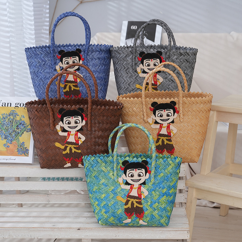 2025 new style Nezha commuter straw woven bag trend large capacity woven bag women's tote bag wholesale hand gift basket