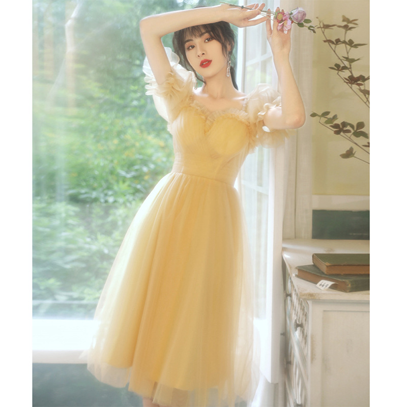 Art Exam Dress for Women, High-End Elegant Yellow Birthday Bridesmaid Dress, Spring Short Style, Can Be Worn Casually, Host Evening Dress