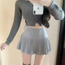 设计感高腰半身裙灰色针织百褶裙女冬季A字裙小个子白色短裙裙子