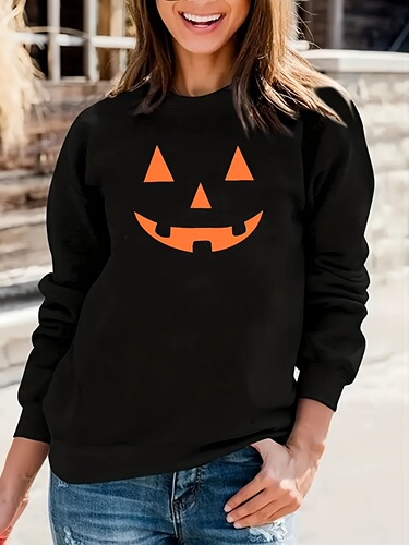European Station Bestselling Women's Pumpkin Print Long Sleeve Halloween Sweatshirt T-Shirt Top Pumpkin Pattern Halloween Trend