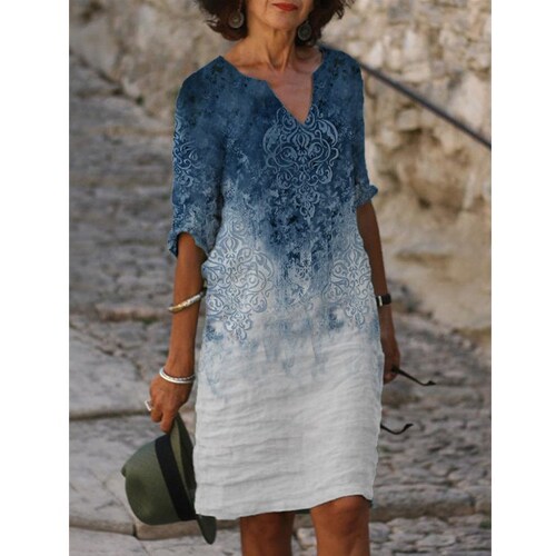 Summer Printed Loose Washed Cotton Floral Short Sleeve Women's Retro Literary Crew Neck Five-Pointer