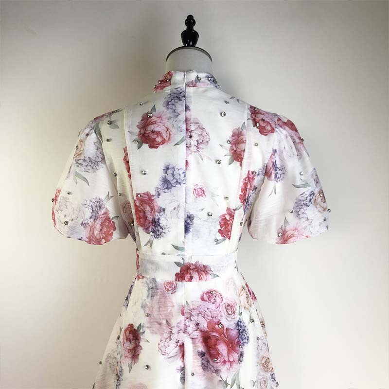 Đầm maxi nữ thắt eo cổ đứng tay lồng đèn đính đá phong cách Pháp — Màu trơn xanh lam, Màu trơn trắng, Hoa xanh da trời, Hoa hồng đậm chi tiết 70