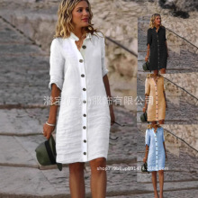 2025新款跨境外贸欧美女装春夏季衬衫领中袖大圆扣纯棉棉麻连衣裙