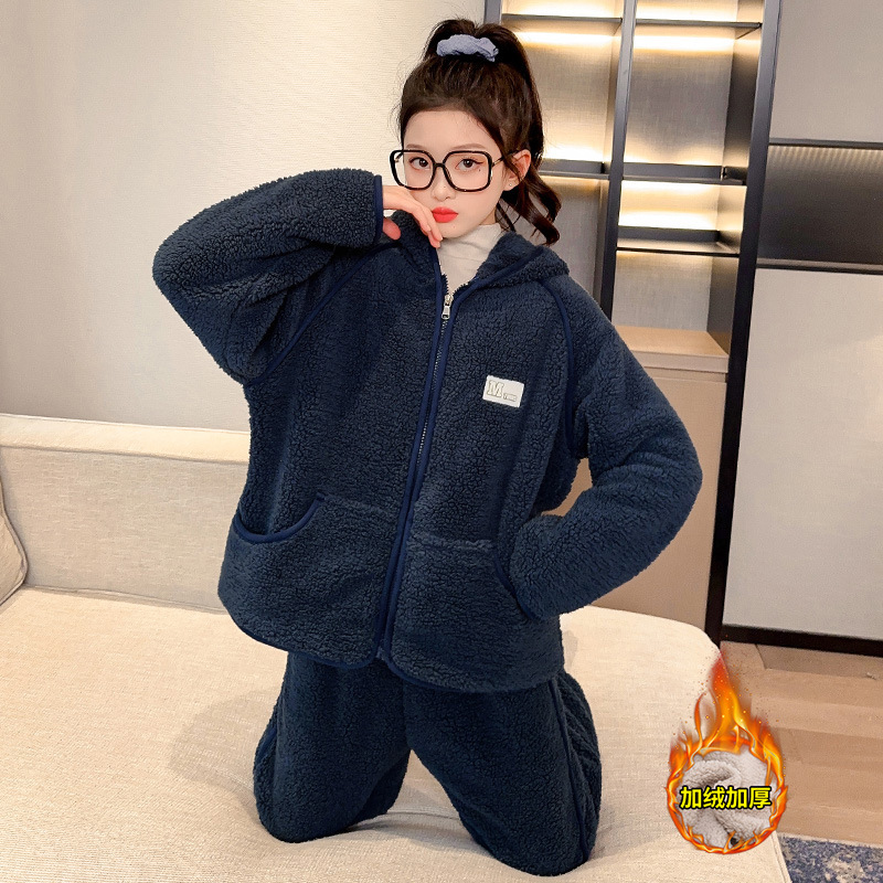 소녀 후드 및 벨벳 파자마 세트 두꺼운 겨울 옷 어린이 지퍼 카디건 겉옷 한국식 홈 옷 가을과 겨울