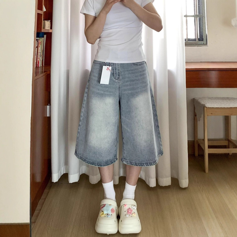 Light-Colored Wide-Leg Denim Cropped Pants for Women, New Summer Style, Plus-Size, Loose Fit, Slimming, Suitable for Pear-Shaped Body, Straight-Leg Pants