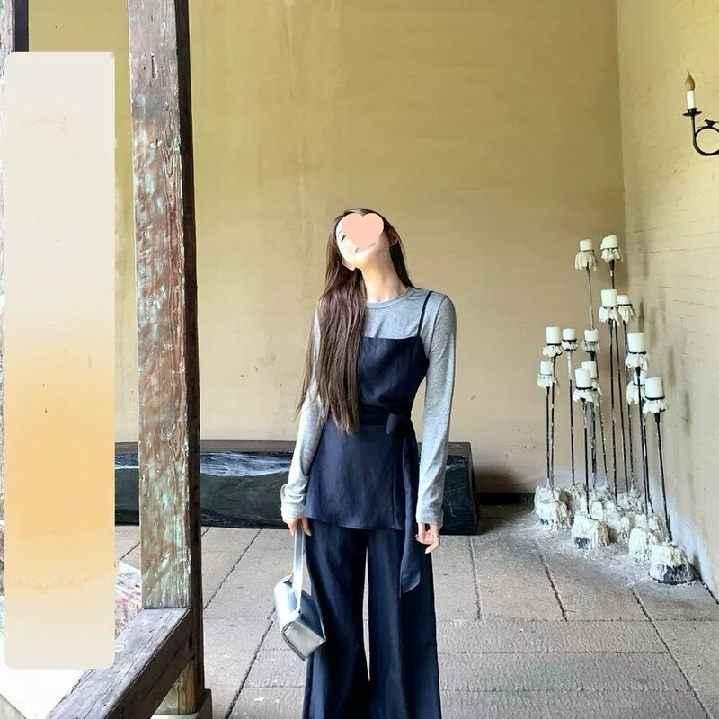 篱笆篱笆啦 韩女主 侧绑带吊带+针织上衣+垂感显瘦长裤三件套套装|undefined