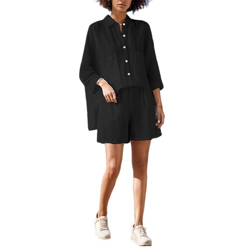 Women's casual loose short-sleeve single-breasted fashion solid color shirt