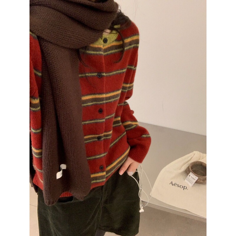 Musi 100% wool striped knitted cardigan for women, autumn and winter soft and cozy Korean style Puyuan wool sweater top M7416 Musi 100% wool striped knitted cardigan for women, autumn and winter soft and cozy Korean style Puyuan wool sweater top M7416
