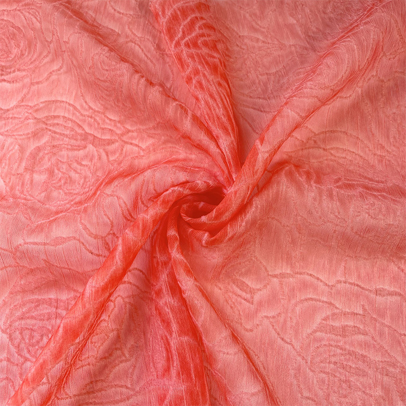 中国风半透西瓜红植绒大花双绉雪纺面料 连衣裙汉服diy显瘦仙气