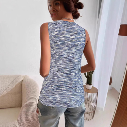 2025 Western European and American Summer Honeycomb V-neck Sleeveless Backless Button-up Top Women's T-shirt