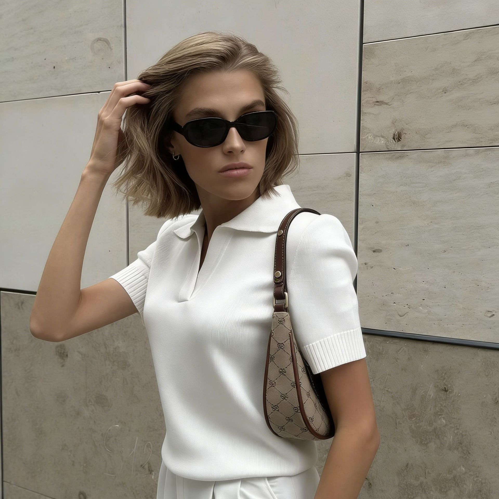 Women's Knitted Cropped Top Color Block Lapel Short-Sleeved Summer Elegant Commuter_voghion.com