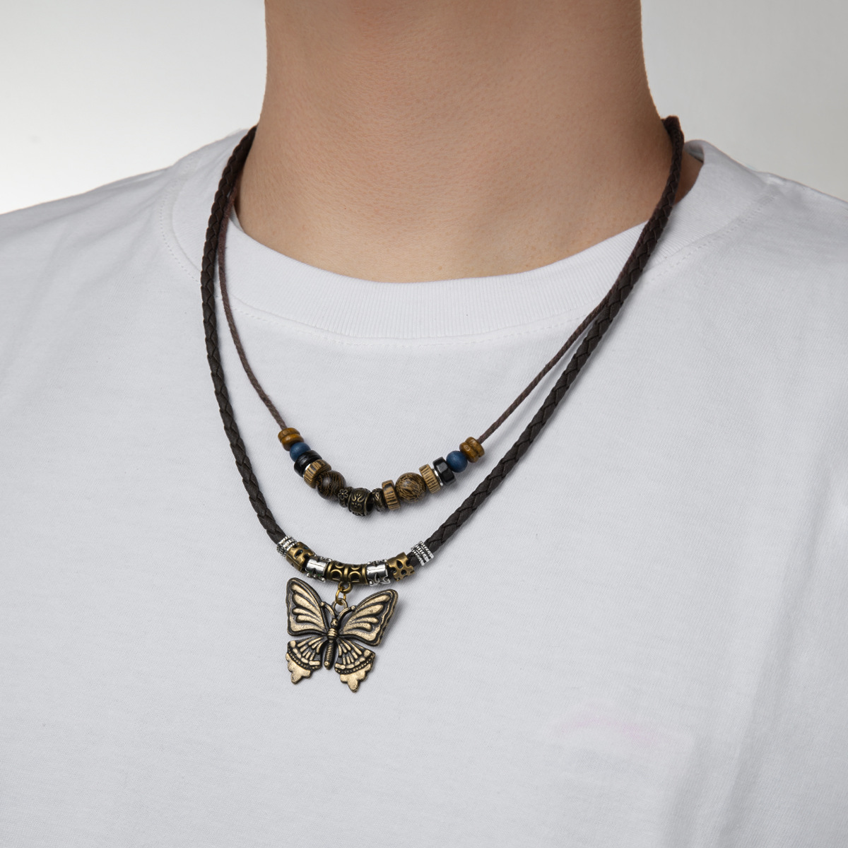 Vintage Ethnic Style Alloy Antique Copper Butterfly Pendant Wooden Beads Waterproof Wax Strap Woven Men's Necklace