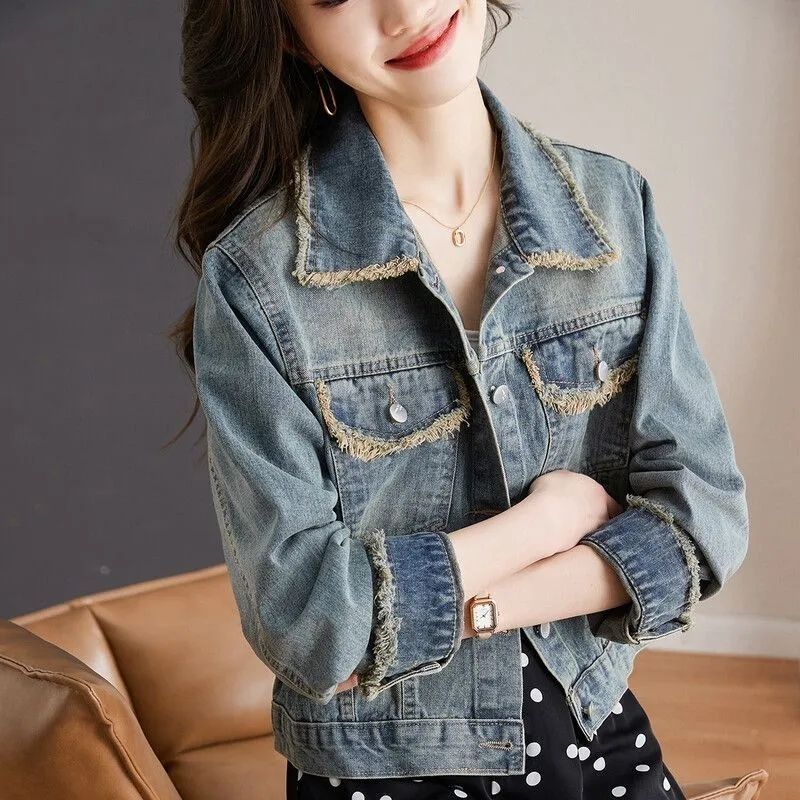 Vintage Hong Kong Style Raw Edge Denim Jacket for Women, Spring and Autumn Loose Fit, Petite Versatile Short Jacket Top Trendy