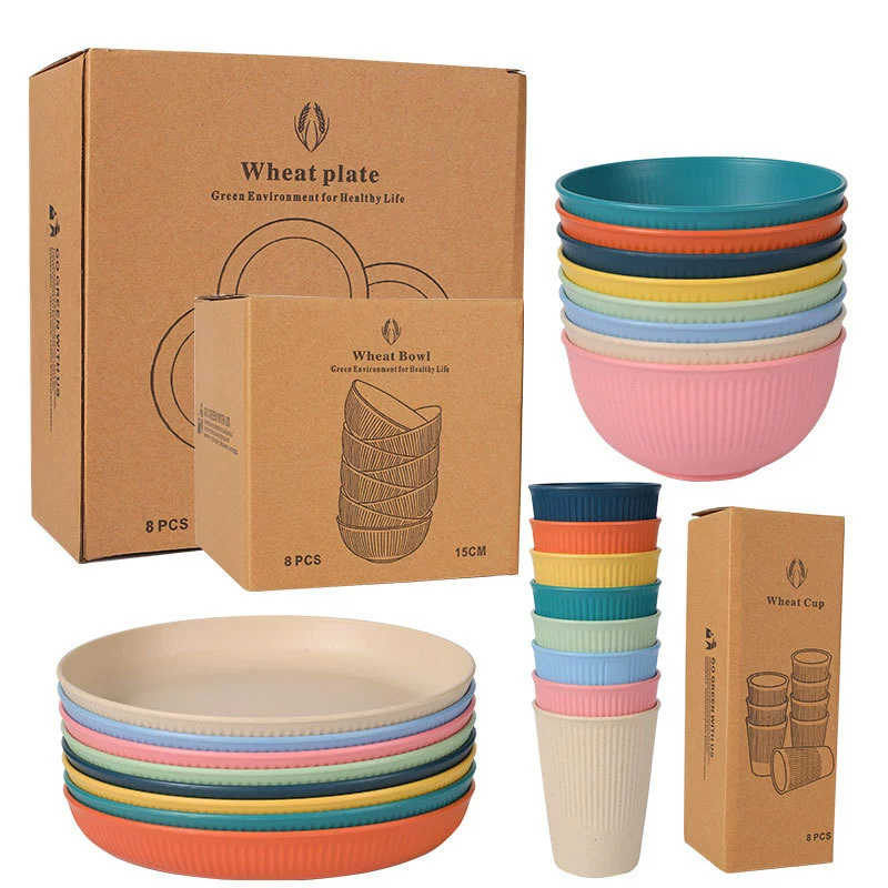 Amazon трансграничные поставки пшеничная солома обеденная тарелка салатница чашка для воды бытовая пластиковая тарелка чаша набор посуды