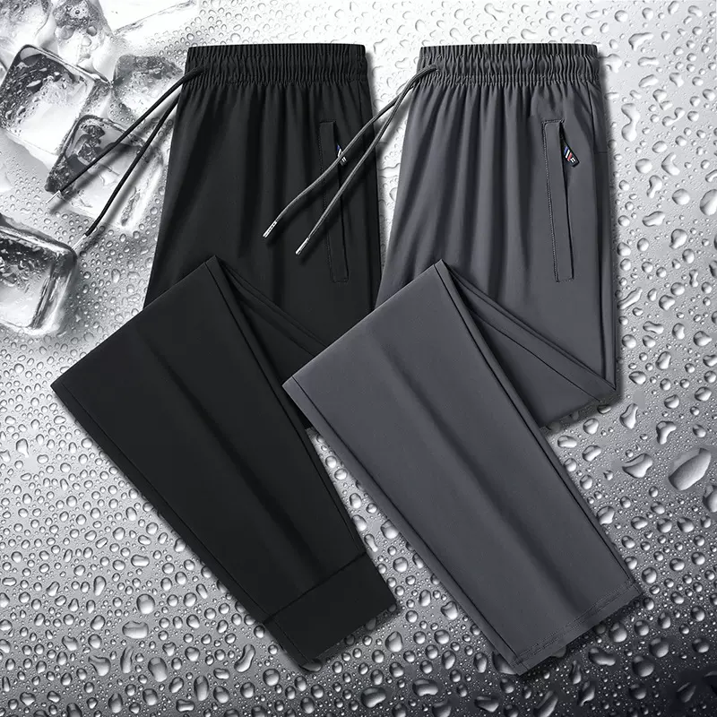 高弹力大码冰丝裤夏季薄款小条纹男士休闲裤直筒凉感裤子情侣通码