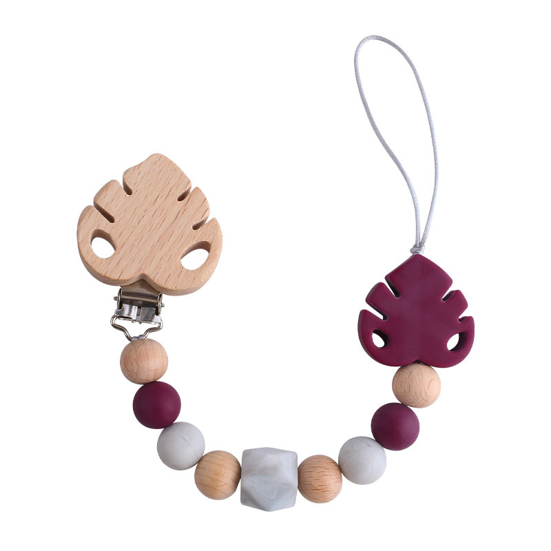 Suministros para bebés creativo clip de chupete de hoja de haya juguete mordedor bebé Cadena de chupete de hoja de silicona cadena anti-caída