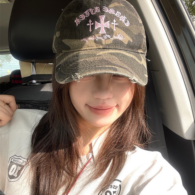 韩国小众复古做旧刺绣迷彩鸭舌帽女街头潮牌百搭软顶棒球帽显脸小