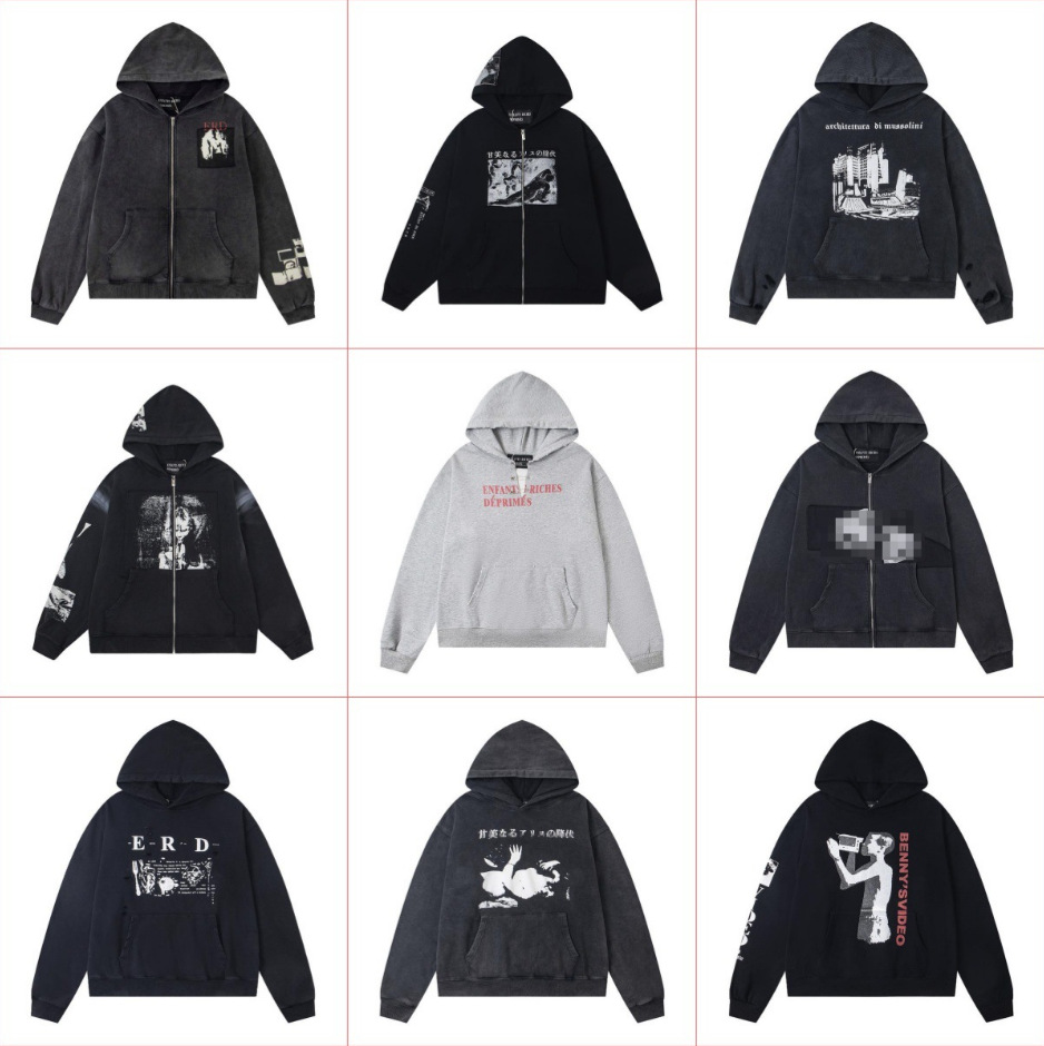 New Erd Melancholic Rich Second-Generation Disruptive Zipper Open Collar Pin Letter Print Men's and Women's Hooded Sweatshirt Jacket