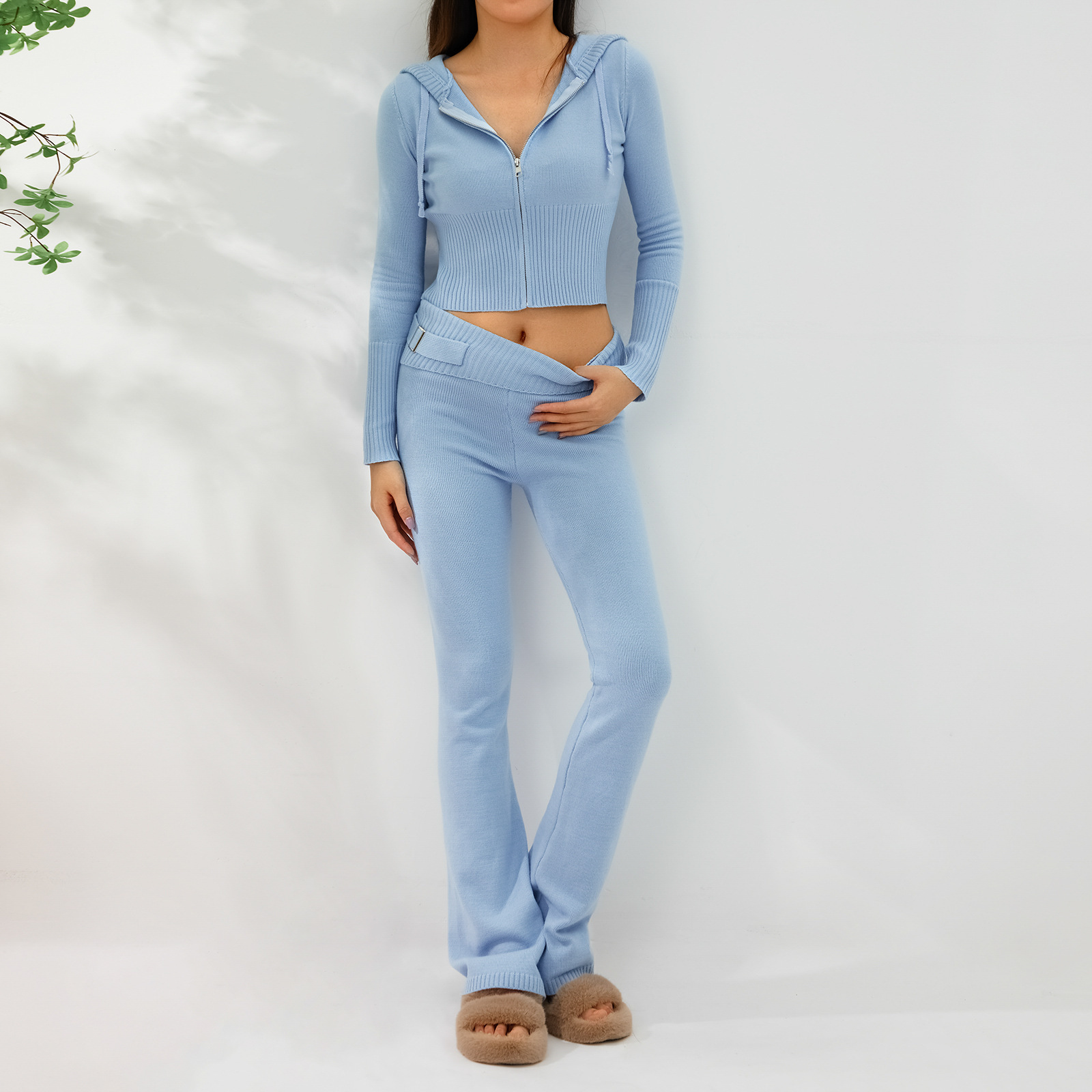 Ensemble deux pièces en tricot à capuche pour femme, pantalon sexy à manches longues et taille haute, à la mode_voghion.com