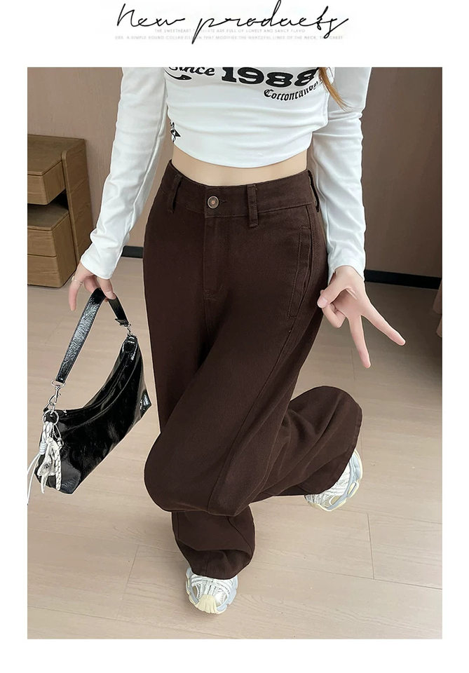 Quần jean ống rộng cạp cao màu nâu cà phê, dáng suông rộng có độ rủ, phong cách tối giản — Màu nâu đậm - Dài 9 tấc, Màu nâu đậm - Dài hơn, Màu nâu đậm - thông thường, Lót lông màu nâu đậm - Dài 9 tấc chi tiết 12